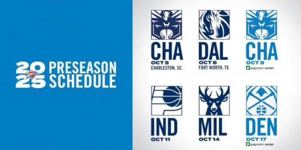 雷霆公布季前赛赛程：2主4客 对阵黄蜂/独行侠/步行者/雄鹿/掘金